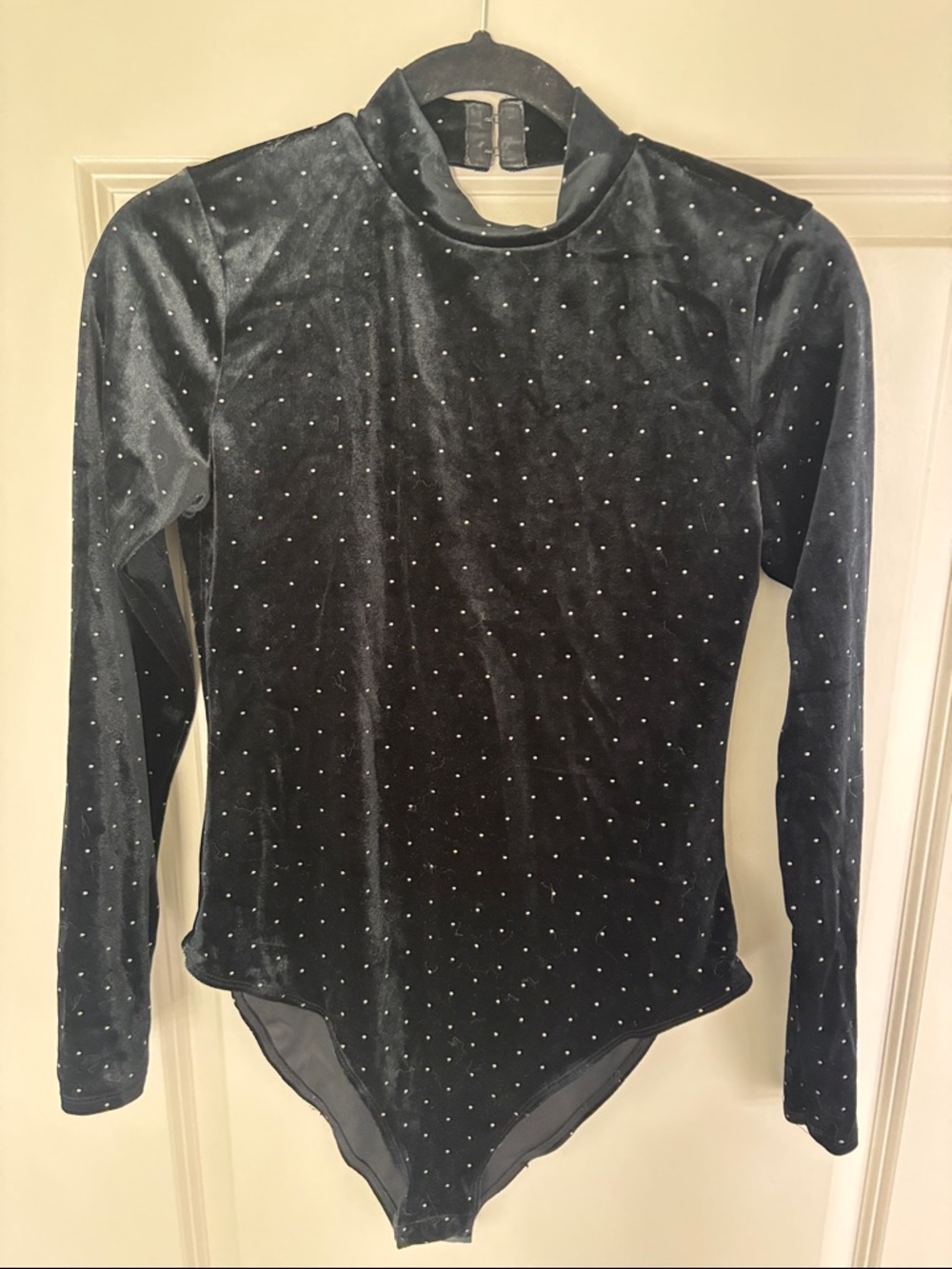 Velvet Long-Sleeve Black Bodysuit with Stud Detail